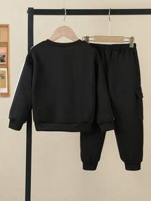 SHEIN Explorewe 2-Piece Toddler Boys' Casual School Style Sweatpants And Hoodie Set, Back To School 2025 Kids' Campus Outfit And Sportswear - Black - View 2