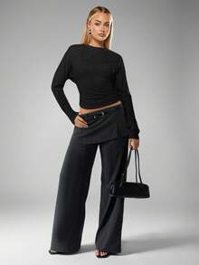 MISSGUIDED 秋冬款落肩长袖收腰短款褶饰上衣 - 黑色 - 查看 3