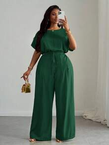 Slaydiva Bộ đồ 2 món màu xanh lá cây thanh lịch, phù hợp cho mùa Xuân/Hè, đi làm, dự tiệc, đi club và hoạt động ngoài trời, gồm áo crop top dáng rộng vai rớt có dây rút và quần ống rộng có túi dành cho nữ cỡ lớn - A - Màu xanh lá cây đậm - Xem 8