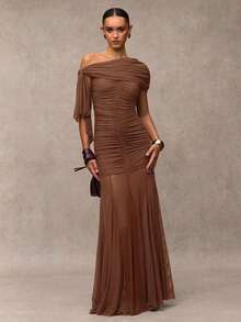 SHEIN BAE 女士纯色褶饰不对称优雅长裙 - 棕色 - 查看 4