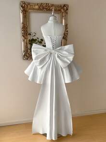 Lovelzi Elegant, Romantic, Fashionable, Dignified, Palace Style, White, Satin, Tight Fishbone, Floral Decoration, Oversized Bow Train, A-Line, Suitable For Bachelorette Parties, Weddings, Graduation Ceremonies, Vacations, Birthday Parties, Bridal Showers (Bow Is Detachable) - White - View 5