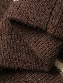 DAZY 青少年女孩条纹落肩长袖高领休闲宽松毛衣，秋冬 - 棕色 - 查看 8