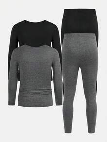 SHEIN Teen Boys' Black & Grey Minimalist Fitted Base Layer, Comfortable & Warm, Casual Collegiate Style, Versatile & Practical, Soft Fabric, Suitable For Daily Wear, School, Outings, Outdoor Activities, Autumn/Winter - Multicolor - View 6