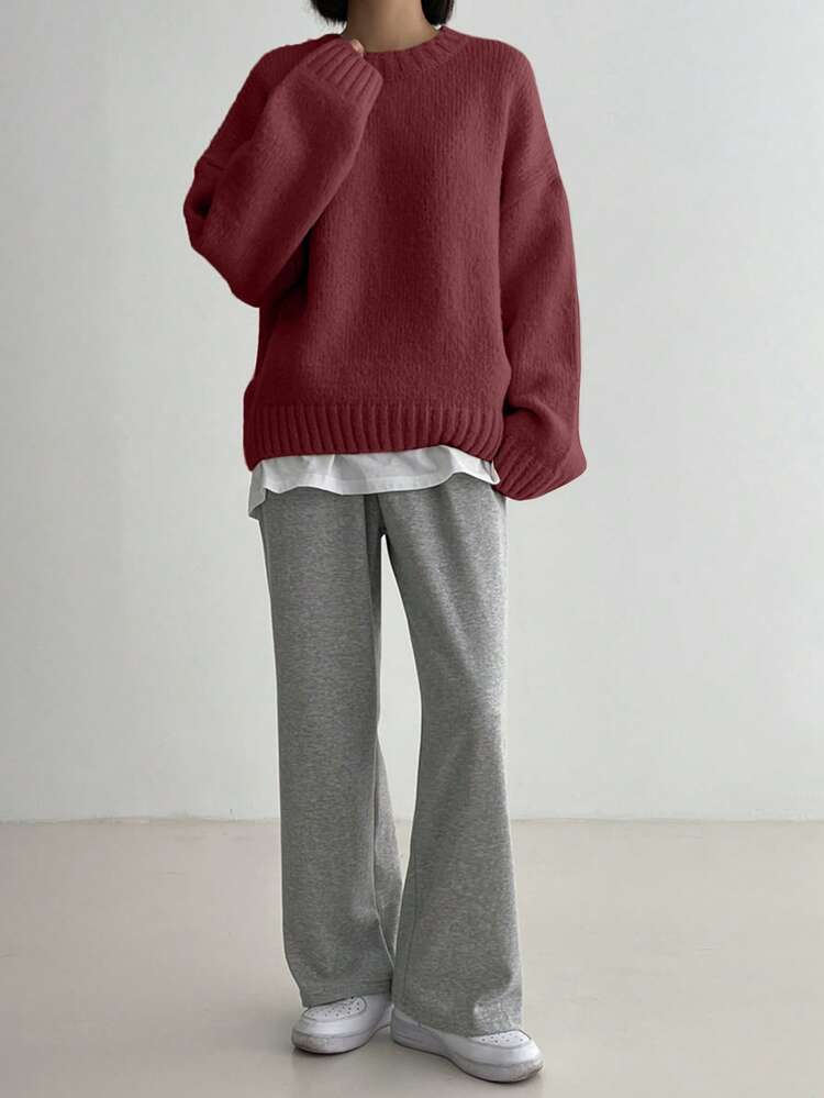 Women's Solid Color Round Neck Drop Shoulder Casual Knit Pullover Sweater