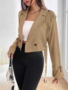 SHEIN EZwear 女士休闲卡其色长袖短款风衣，适合秋冬日常穿着 - 卡其色 - 查看 5