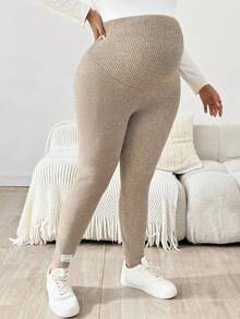 Plussiva 孕婦大尺碼純色可調腰圍羅紋緊身休閒長褲 - 杏色 - 查看 3
