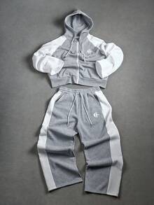 PAVTROS Manfinity Streetrush 2pcs Men's Hooded Sweatshirt And Drawstring Pants Set , Men Two Pieces Set , Men Jogger Set , Men Grey And White Set , Men Tracksuit , Fall Clothes - Brown - View 1