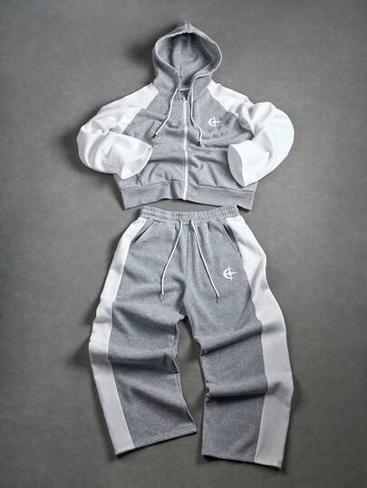 PAVTROS Ensemble 2 pièces Manfinity Streetrush avec Sweat-shirt à capuche et pantalon à cordon pour hommes, ensemble 2 pièces pour hommes, jogging pour hommes, ensemble gris et blanc pour hommes, survêtement pour hommes, vêtements d'automne