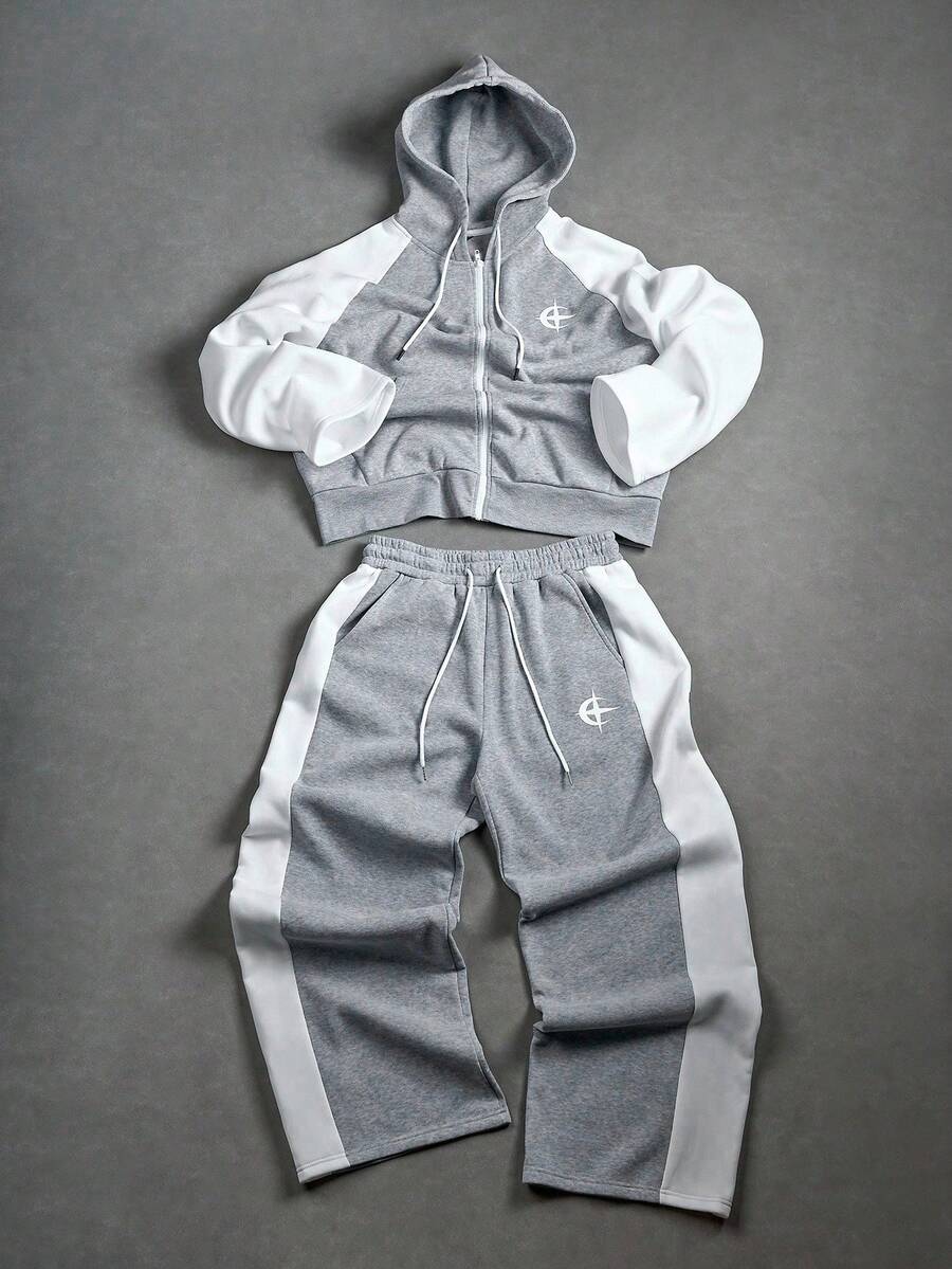 PAVTROS Manfinity Streetrush 2pcs Men's Hooded Sweatshirt And Drawstring Pants Set , Men Two Pieces Set , Men Jogger Set , Men Grey And White Set , Men Tracksuit , Fall Clothes - Brown - View 1