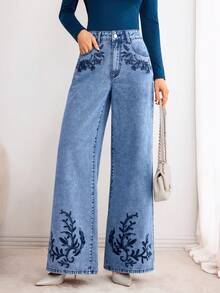 Elenzga Women's Plant Embroidery Pocket Wide Leg Loose Casual Jeans - Medium Wash - View 6