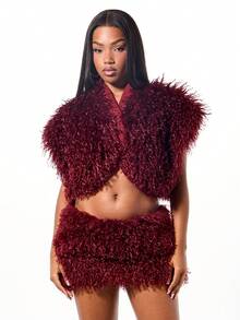 SUMWON WOMEN Áo khoác ngoài không tay lông thú giả sang trọng cỡ lớn dành cho nữ mùa đông màu đỏ tía - Đỏ - Xem 3