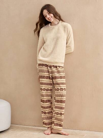 EverLounge Old Money 女士舒适羊毛长袖上衣和裤子睡衣套装冬秋季男士外出格子宽松休闲复古秋装