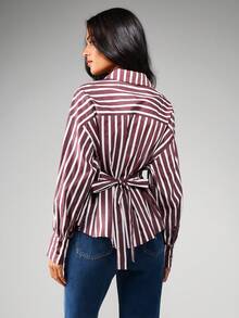 MISSGUIDED Elegant Striped Long Sleeve Collared Button Down Blouse Loose Fit Oversized Office Workwear Statement Piece Professional Business Attire Collection - Multicolor - View 2