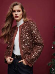 Maija Women's Fashionable Street Sequin Contrast Binding Open Front Coat Autumn For Women Halloween Costumes Christmas Women's New Year - Brown - View 3