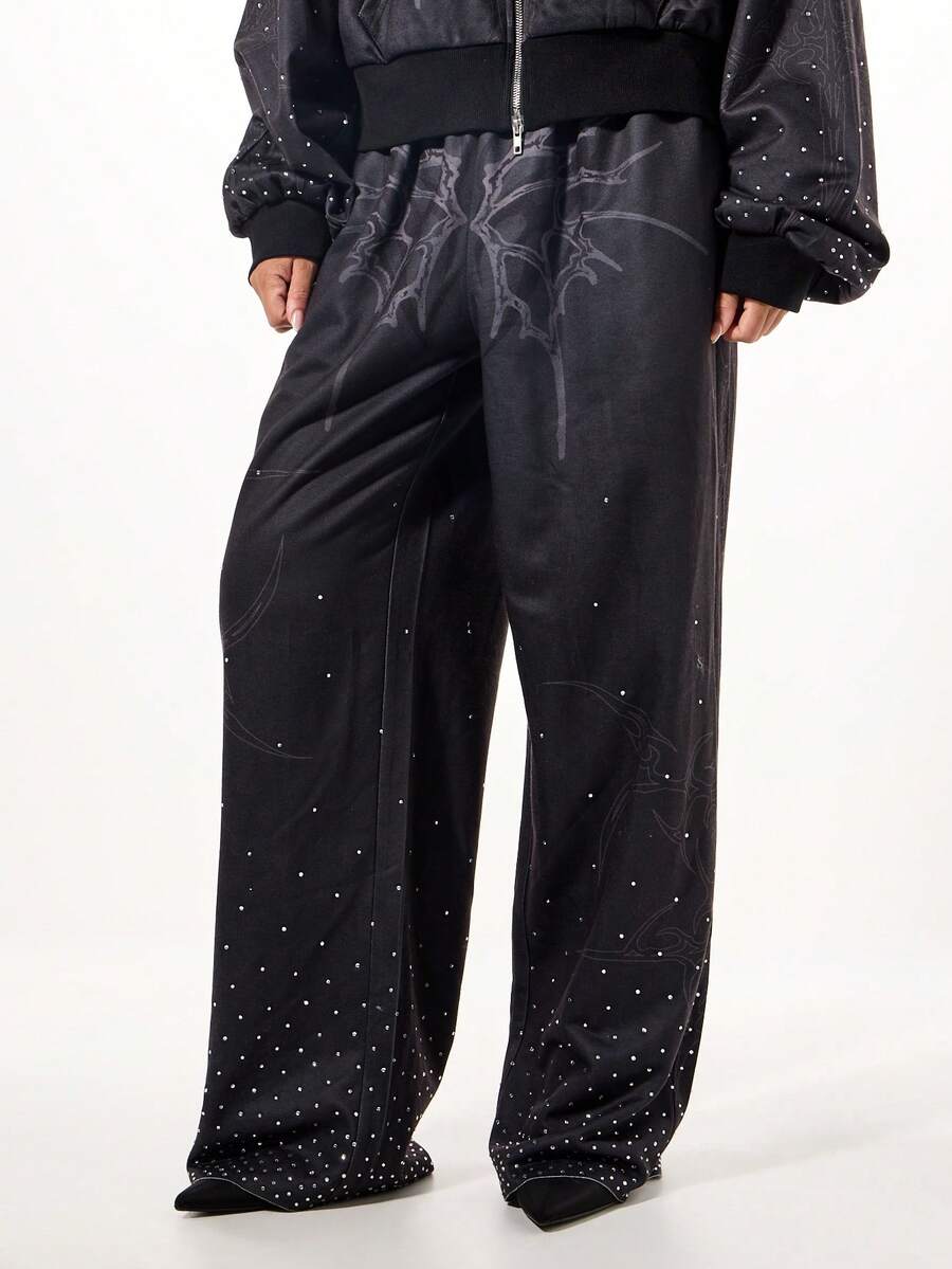SUMWON WOMEN Oversized Rhinestone Embellished Graphic Joggers With Thorny Pattern Design For Women - Black - View 1