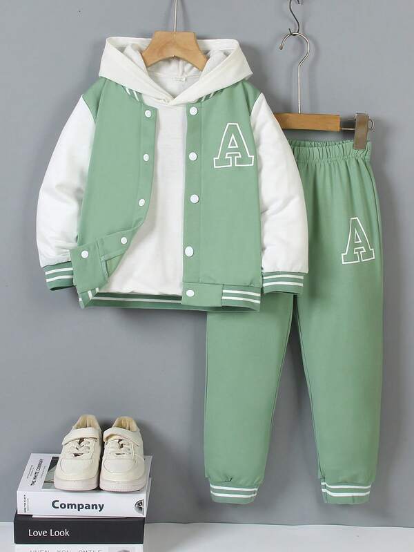 SHEIN Genkimix Kids 2pcs/Set Young Boys' Casual Outfit, Includes Gray & Green Knit Sweater With White Sleeve Contrast And Letter A Print, Paired With Matching Printed Sweatpants, Ribbed Collar, Cuffs And Hem, Comfortable And Relaxed Style, Suitable For Spring, Autumn, Daily Wear, Sports, School, Travel, Holiday