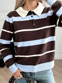 DAZY Women's Loose Business Casual Striped Color Block Pullover Sweater, Suitable For Autumn & Winter Office Wear - Coffee Brown - View 4