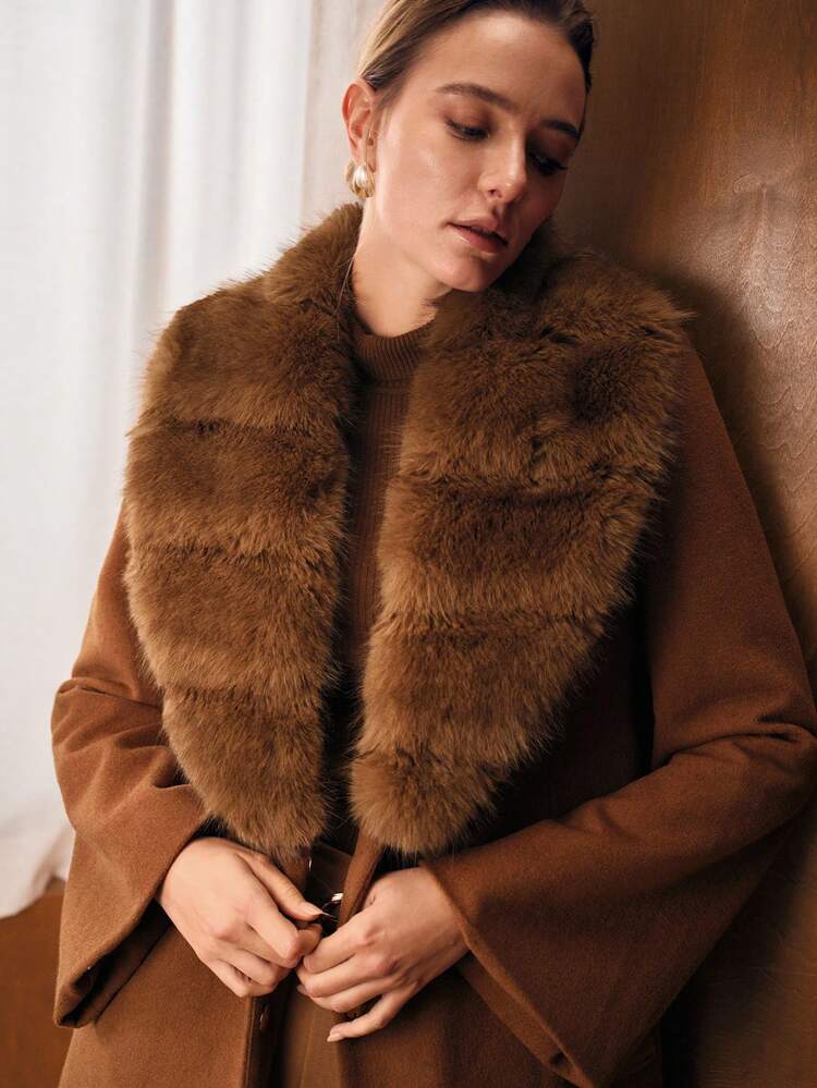 Autumn/Winter Furry Collar Flared Sleeve Tie-Waist Dignified Woolen Coat