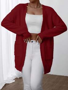 EMERY ROSE Áo len cardigan lông cừu một mặt cổ chữ V tối giản đơn sắc dành cho nữ - Màu Đỏ Sâu - Xem 6