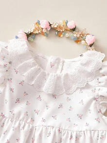 Mono de verano para bebé niña recién nacida con estampado floral diminuto y volantes - Blanco - Ver 7