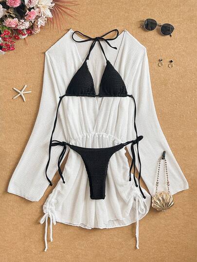 SHEIN Swim Summer Beach Halter Triangle Tie Side Bikini Set