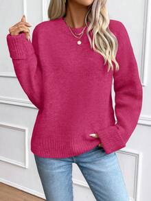 EMERY ROSE Women's Loose Fit Crew Neck Oversized Pullover Sweater With Ribbed Cuffs, Christmas - Hot Pink - View 7