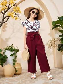 2pcs/Set Tween Girls Floral Print Round Neck Top & Belted Solid Color Pants - Burgundy - View 4