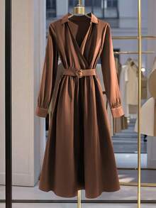 GlowEve Women's Elegant Elegant Simple Solid Color Surplice Collar Buckle Belted Dress - Brown - View 3