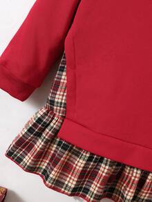 Elladie kids 女童连衣裙，250克休闲长袖卫衣，格子裙摆，学院风女童连衣裙，罗纹领格子下摆拼接长袖卫衣裙，春秋季