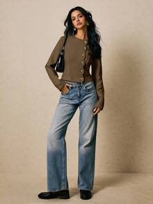 Poéselle Women's Metal Button Decorated Long Sleeve Shirt - Brown - View 4