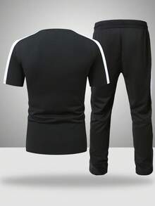 Manfinity Homme 男士夏季字母印花拼色短袖T恤和抽绳腰裤休闲套装男黑色两件套男士两件套休闲装男士黑白装男士慢跑装男士两件套运动服 - 彩色 - 查看 2