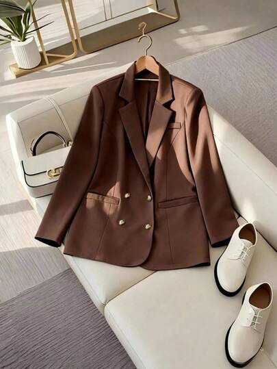 Franclia Plus Size Women Vintage Business Solid Color Long Sleeve Double-Breasted Blazer Jacket, Autumn/Winter Skirt Suit Brown Blazer Women Suits For Woman Set Office Outfits For Women Set Blazer Skirt Set