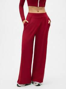SHEIN Sports 女士纯色松紧腰褶皱阔腿宽松休闲裤 - 酒紅色 - 查看 4