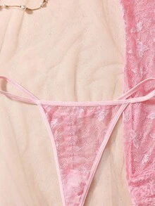 SHEIN 2 件套内衣套装：蕾丝拼布交叉带露肩睡袍 + 丁字裤，性感迷人，适合女性外出 - 淺粉色 - 查看 4