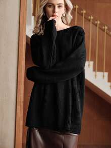 Uhlyne Solid Color Minimalist Crew Neck Long Sleeve Sweater, Elegant Casual High-End Vintage Style, Handcrafted Crochet Details, Women Knit Pullover Suitable For Daily Commute, Holidays, Parties - Black - View 4