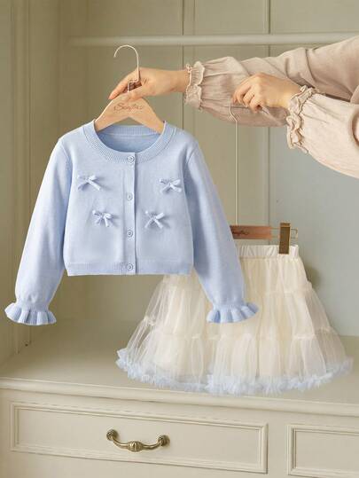 Souflis Souflis 2件套女童针织毛衣+薄纱裙套装，适合春秋冬，适合郊游、校园活动、家庭聚会、休闲运动、公园运动