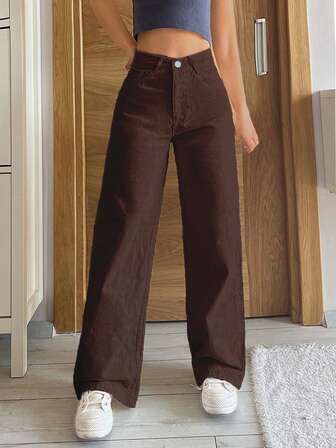 SHEIN PETITE Petite High Waist Casual Wideleg Jean Cowboy Pants For Women Cowgirl Pants Wide Leg Jeans Woman Brown Jeans