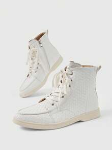 Sleekvia Women's Fashion Versatile Casual Lace-Up Ankle Boots - White - View 2