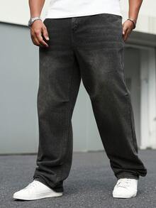 Manfinity Homme Plus Size Men's Casual Loose Fit Pockets Denim Jeans Men Baggy Black Jeans