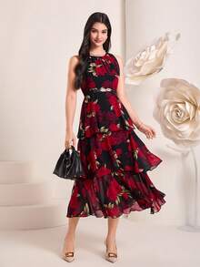 Modelyn 印花荷葉邊連衣裙不附腰帶 - 黑色 - 查看 3