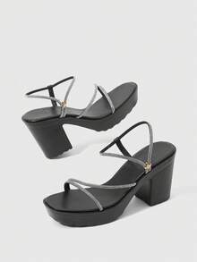 CUCCOO SZL Women's Rhinestone Embellished Thick Sole High Heel Mule Sandals - Black - View 5