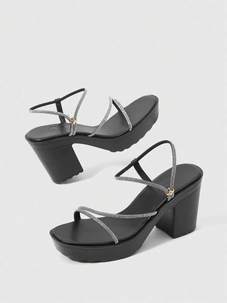 CUCCOO SZL Women's Rhinestone Embellished Thick Sole High Heel Mule Sandals