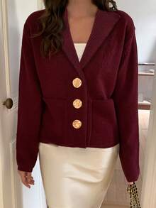 Elyressa 女士休闲前扣口袋开衫，适合通勤，秋季 - 酒紅色 - 查看 3