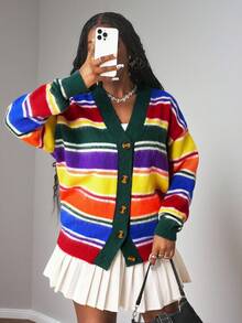 SHEIN Slayr 2025年新款早秋秋冬休闲街头日常约会生日派对简约风流行V领长袖露肩超宽松中长款毛呢开衫彩虹 - 彩色 - 查看 8