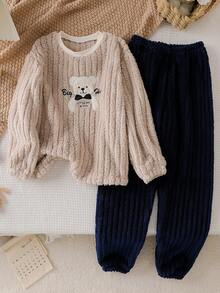 Tween Boy Cartoon Bear Embroidered Fleece Sweatshirt And Pants Pajama Set, Winter - Multicolor - View 7