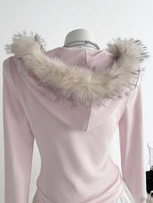 Sweetra Vintage Cropped Sweatshirt Fuzzy Zip-Up Sweatshirt Jacket For Women, Pink, Autumn/Winter - Pink - View 5