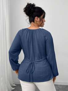 Elenzga Plus Size Women's Solid Color Keyhole Neck Lantern Sleeve Ruched High-Low Hem Fashionable Blouse