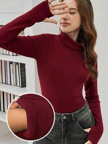 SHEIN Atasan Kaos Dalam Termal Lengan Panjang Kerah Tinggi Bergaris Warna Burgundy untuk Remaja Perempuan, Musim Gugur/Dingin - Burgundy - View 3