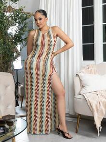 Melissa Matos Women's Contrast Stripe Side Slit Elegant Sexy Cover-Up