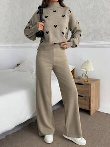 EURMUSE Women Hearth Embroidery Detailed Mock Neck Drop Shoulder Pullover & Sweater Pants Set